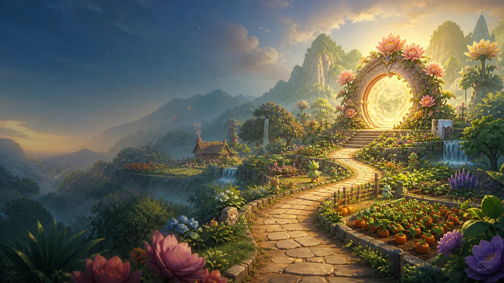 An enchanted Bloom Realms garden path leading toward a glowing portal