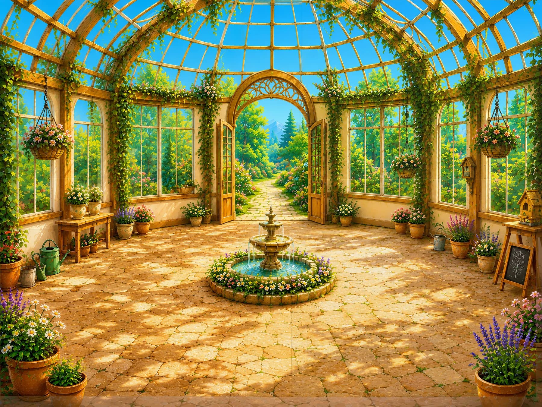 A sunlit Bloom Realms garden filled with flowers and a fountain
