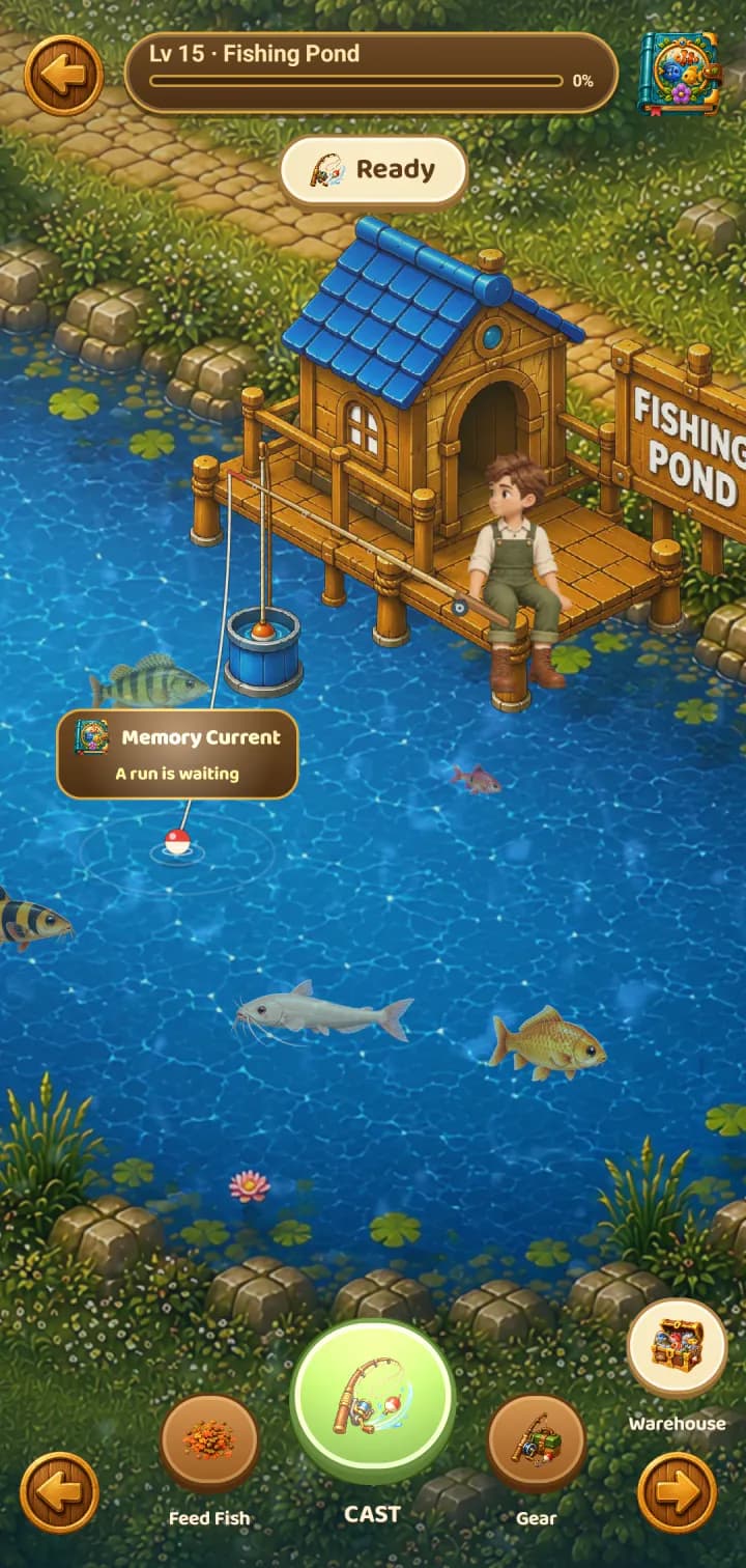 The fishing dock, with the Memory Current sign waiting on the water