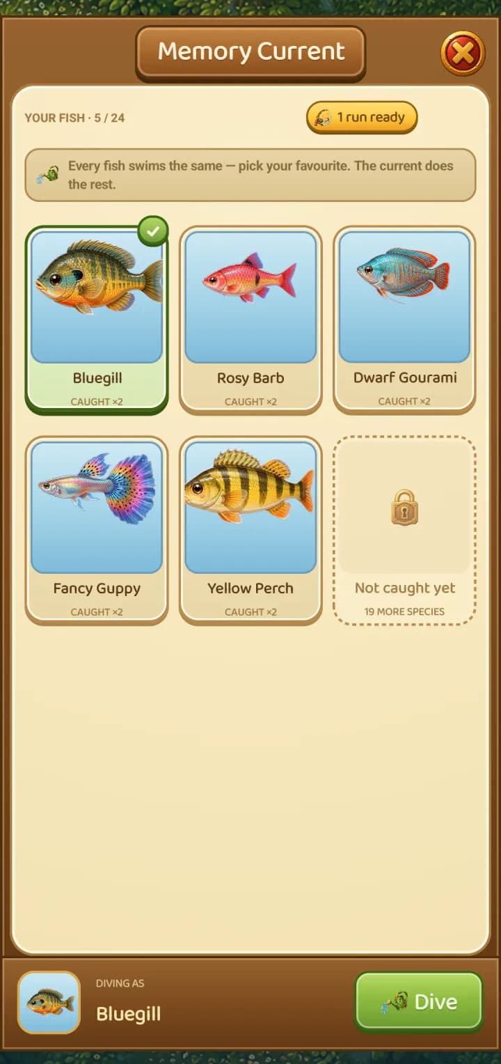 Choosing a fish to dive as: Bluegill, Rosy Barb, Dwarf Gourami, Fancy Guppy, Yellow Perch
