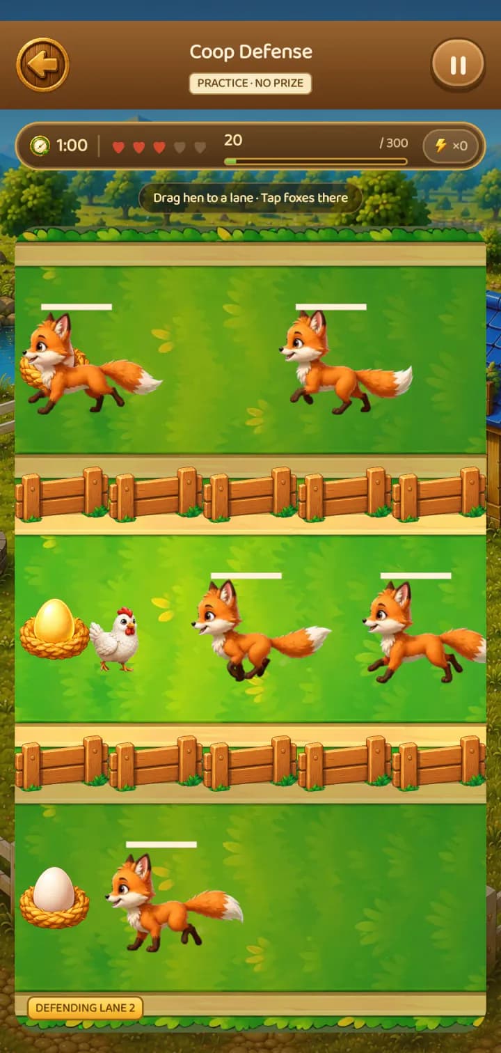 Coop Defense in play: foxes run down all three lanes at the hen