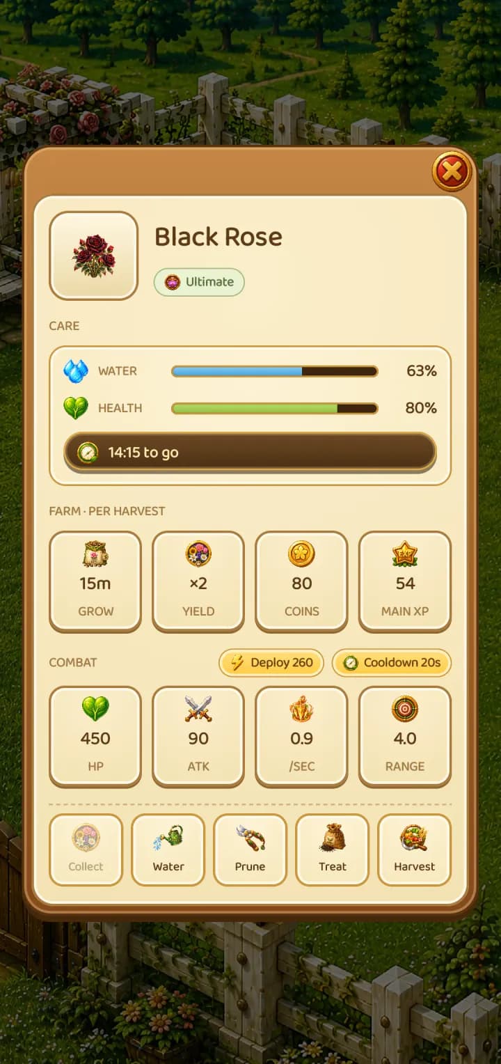 A Black Rose's card: its care, harvest and combat stats