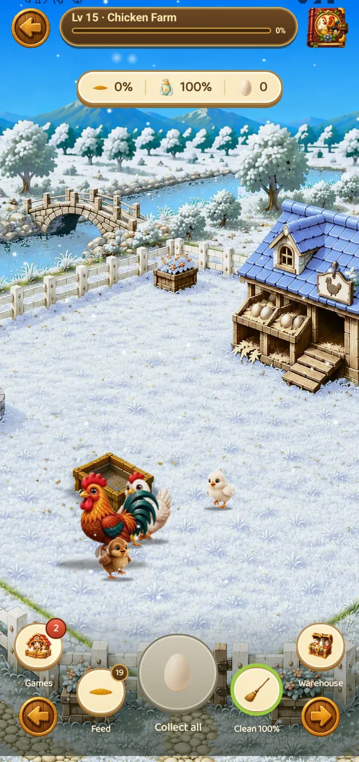 The Chicken Farm in winter: snow over the yard, the trees and the coop