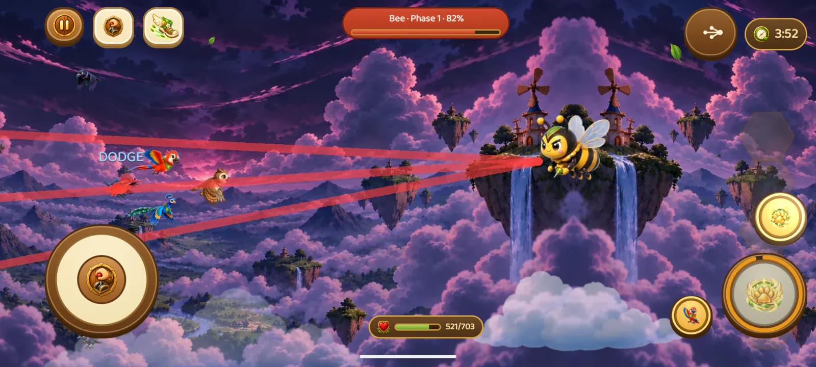 Skybound: a flock of birds dodging a giant bee's beams above floating islands