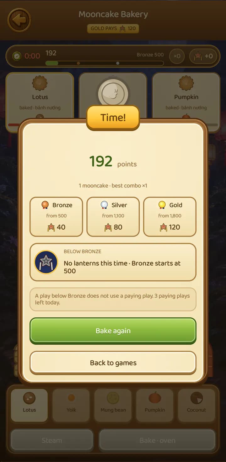 A Mooncake Bakery result: the score and the Bronze, Silver and Gold bands
