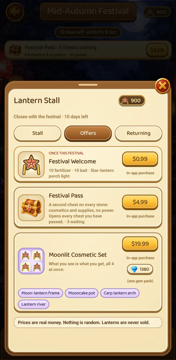 The Lantern Stall's Offers tab: the Festival Welcome, the Festival Pass and the Cosmetic Set