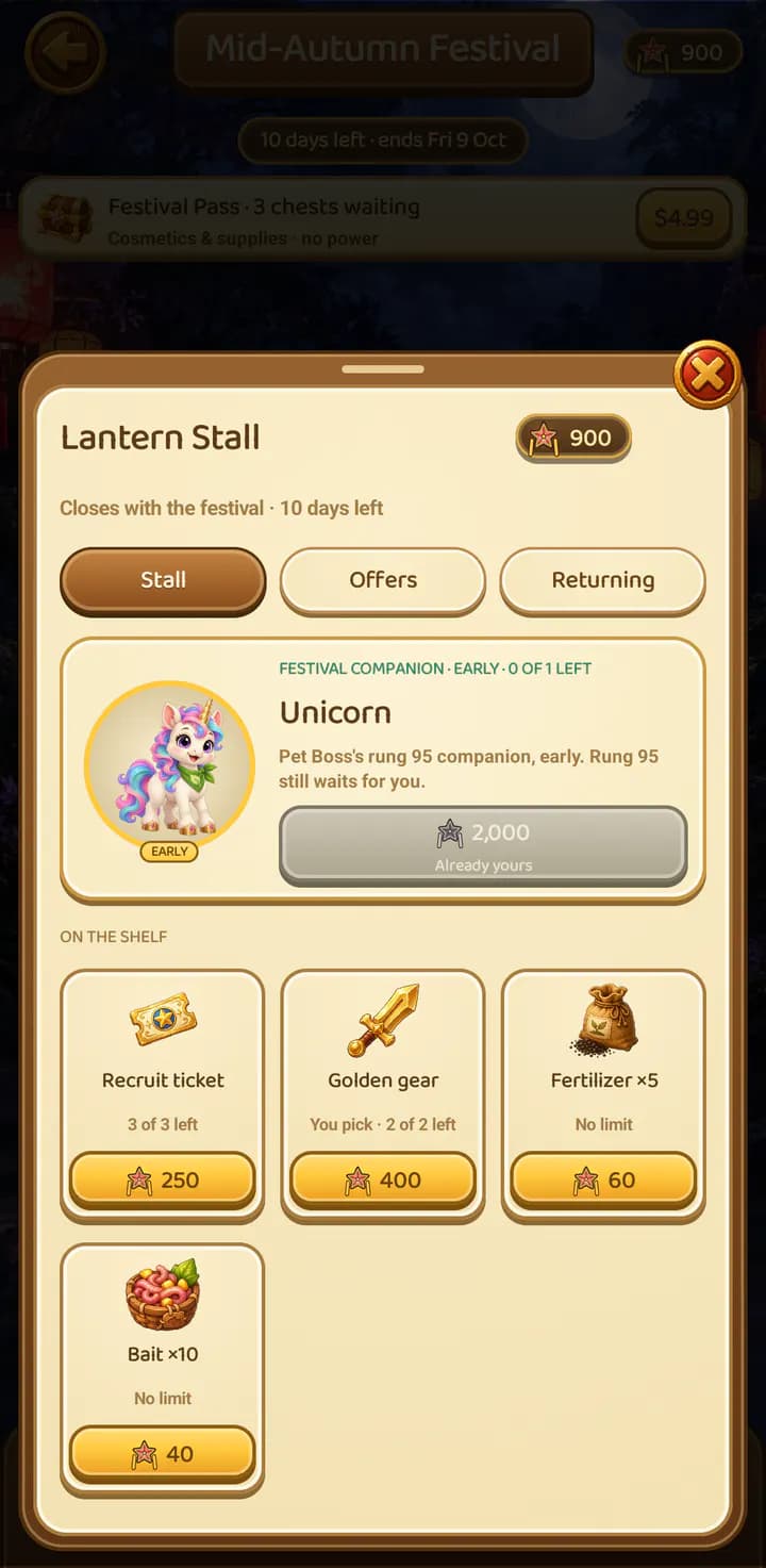 The Lantern Stall: the Unicorn offered early, Recruit tickets, Golden gear and supplies for lanterns